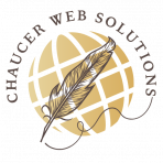 Chaucer Web solutions logo - gold pen over world